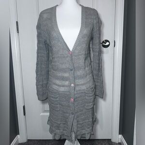 Matilda Jane Gray Long Knit Button Cardigan Ruffle Hem